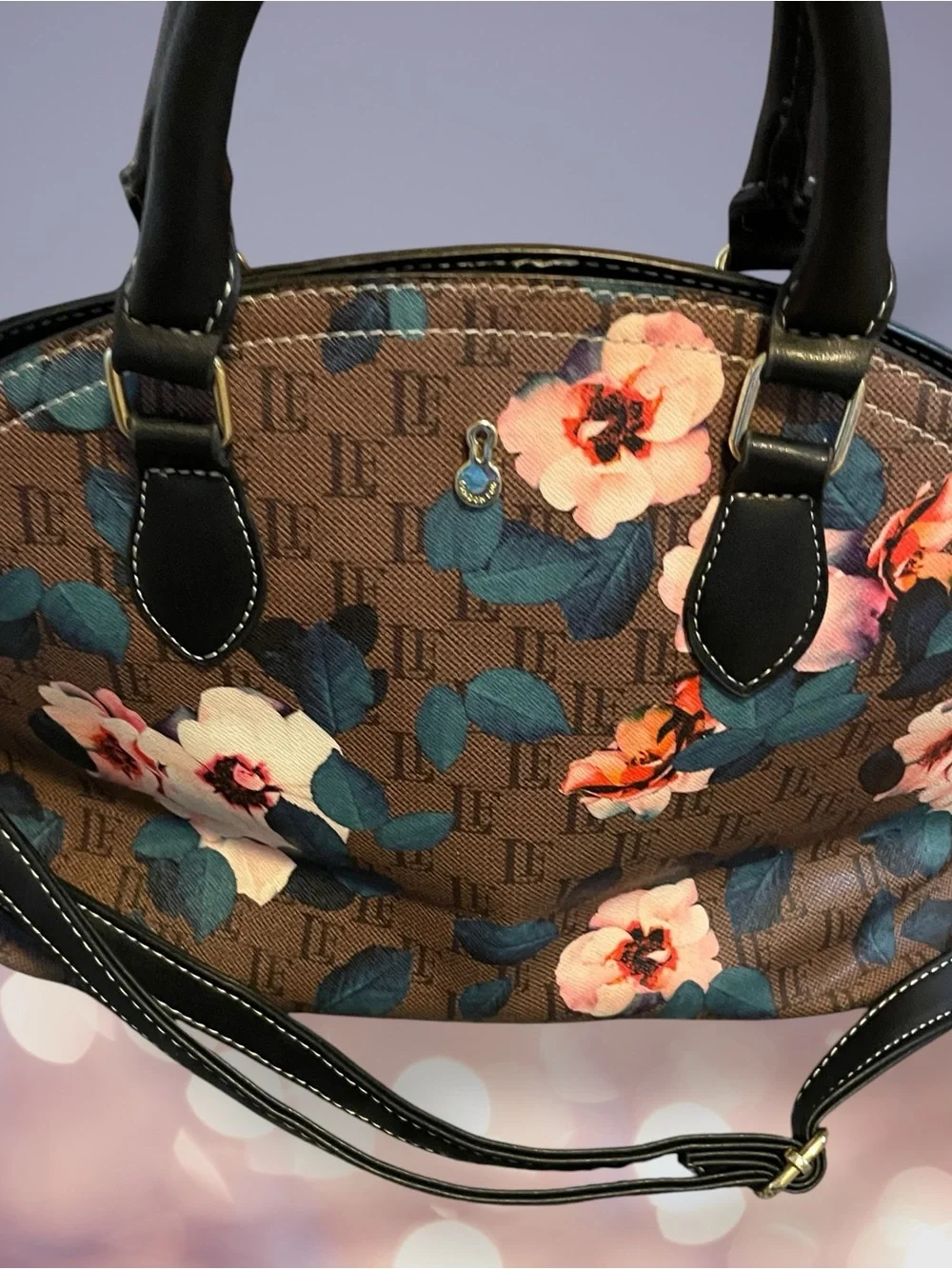 London Fog Floral Monogram Dome Satchel Handbag Brown Pink